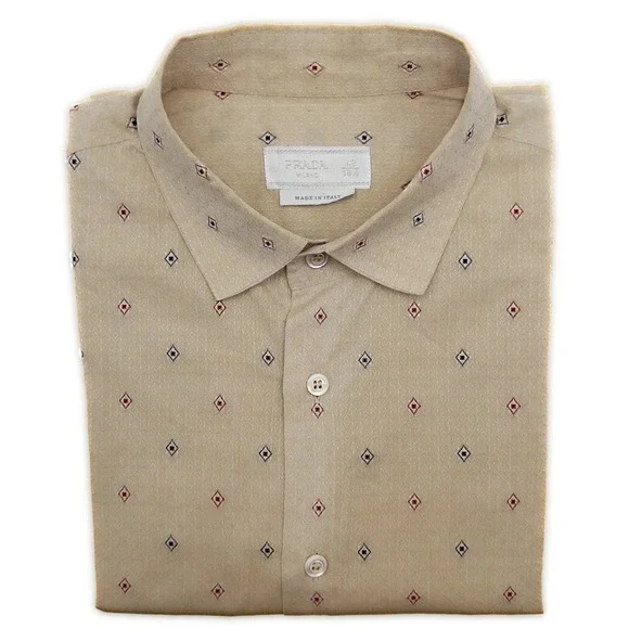 Prada Button Up Shirt SS17 Stretch Cotton Poplin Geometric Archive Men's 42 16.5